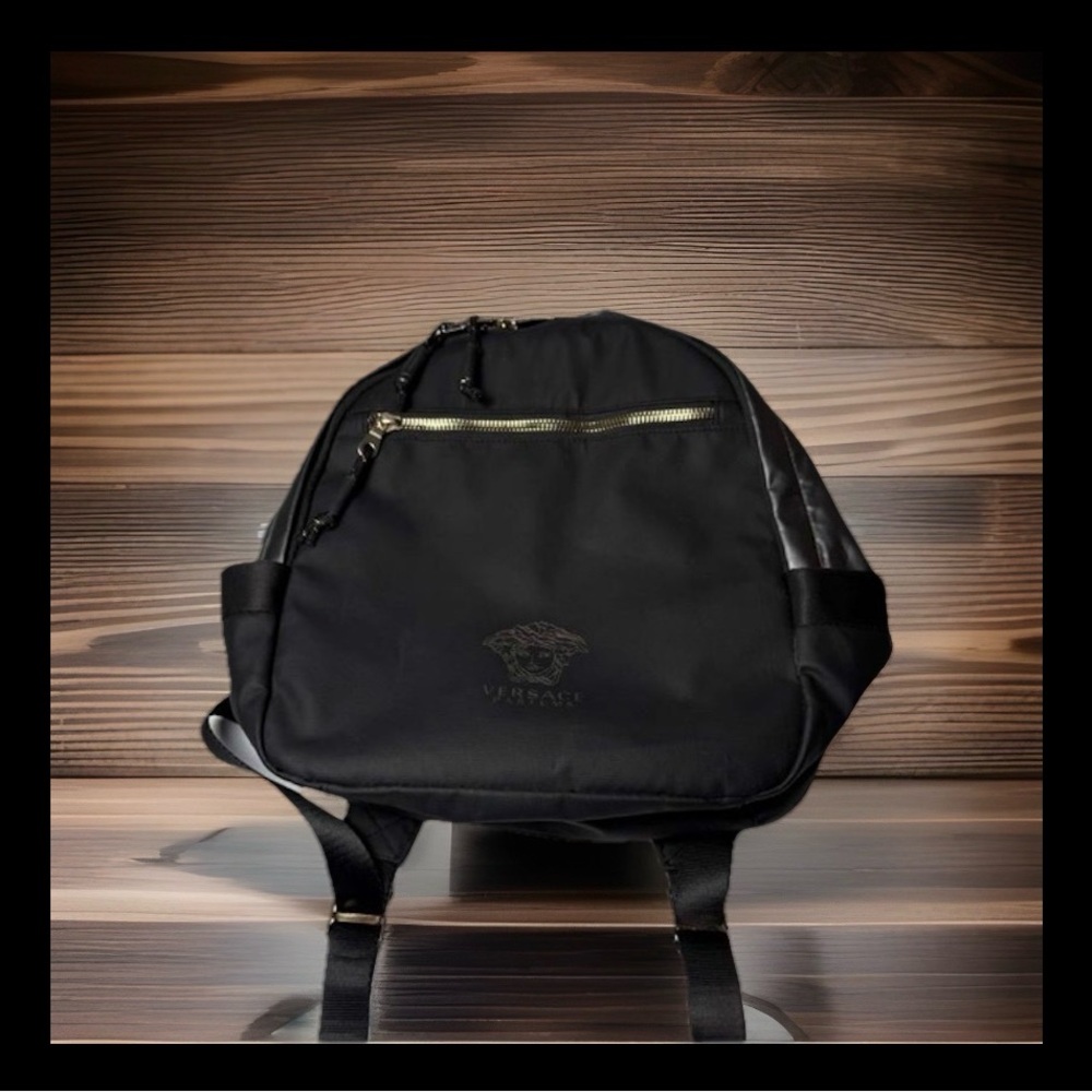 Versace Black Backpack with Gold-Zip Accent